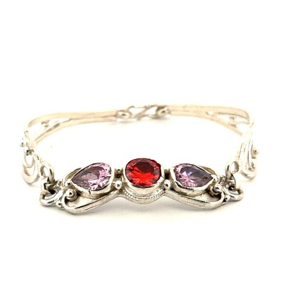 Vintage Estate Sterling Silver 925 Bangle Bracelet Red & Pink Gemstone 7"in Hook